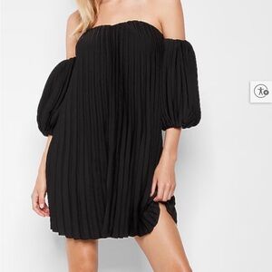 Express Black Pleated Off-Shoulder Chiffon Mini Dress XS Puff Sleeve
